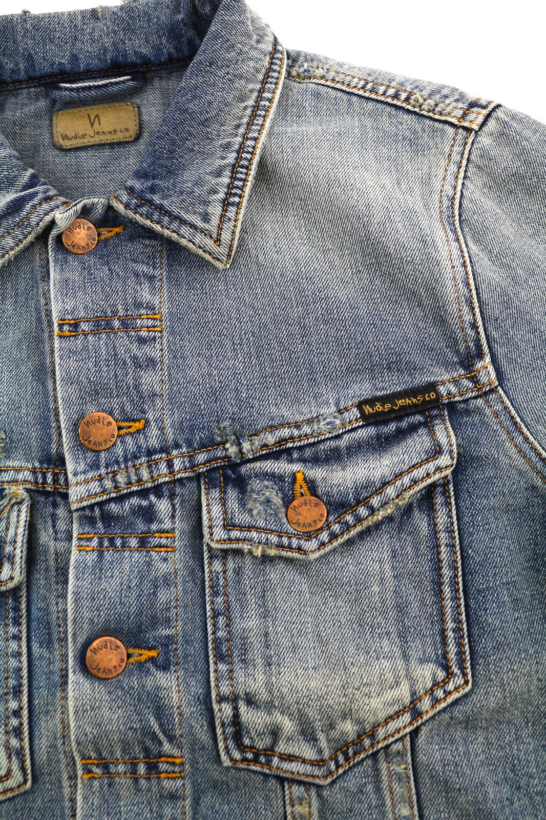 NUDIE Billy vyriška striukė S, žvilganti indigo spalvos, plėšyta, sagomis užsegama apykakle 