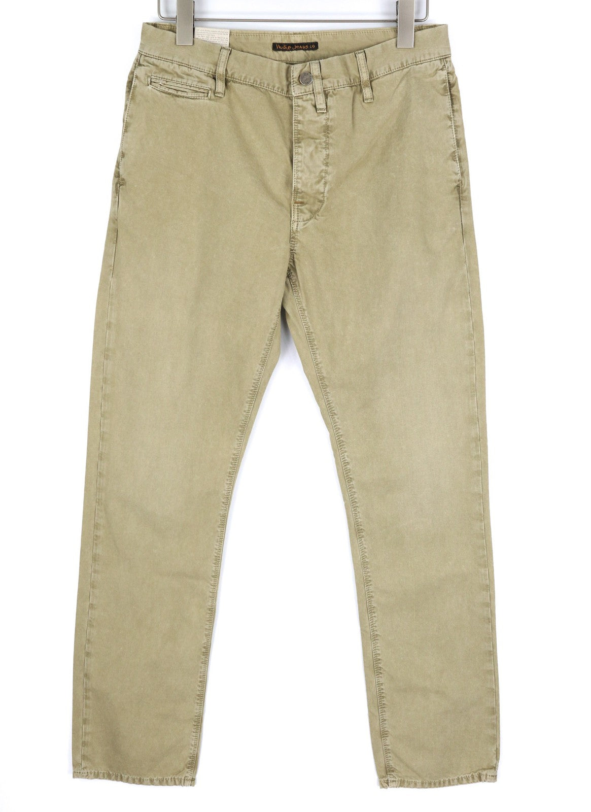 NUDIE chaki spalvos įprastos vyriškos kelnės W30/L32 vidutinio smėlio spalvos su sagomis ir logotipu bei chino šortais 