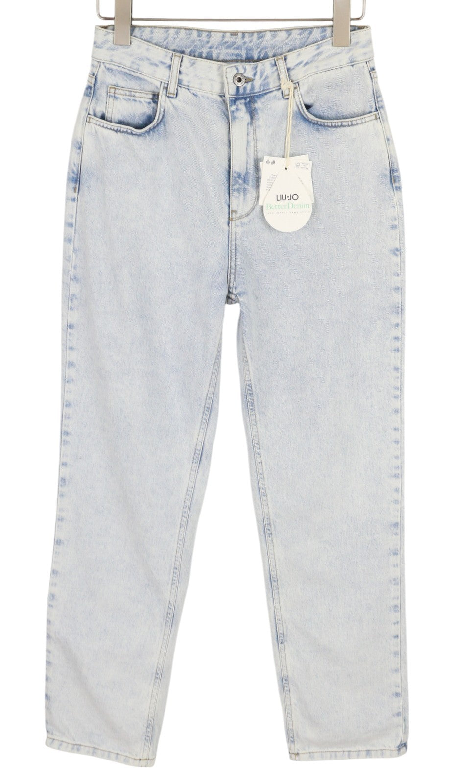 LIU JO moteriški džinsai W29 Slim Fit, aukštu juosmeniu, užtrauktuku, skalbtos mėlynos spalvos, su kišenėmis. 