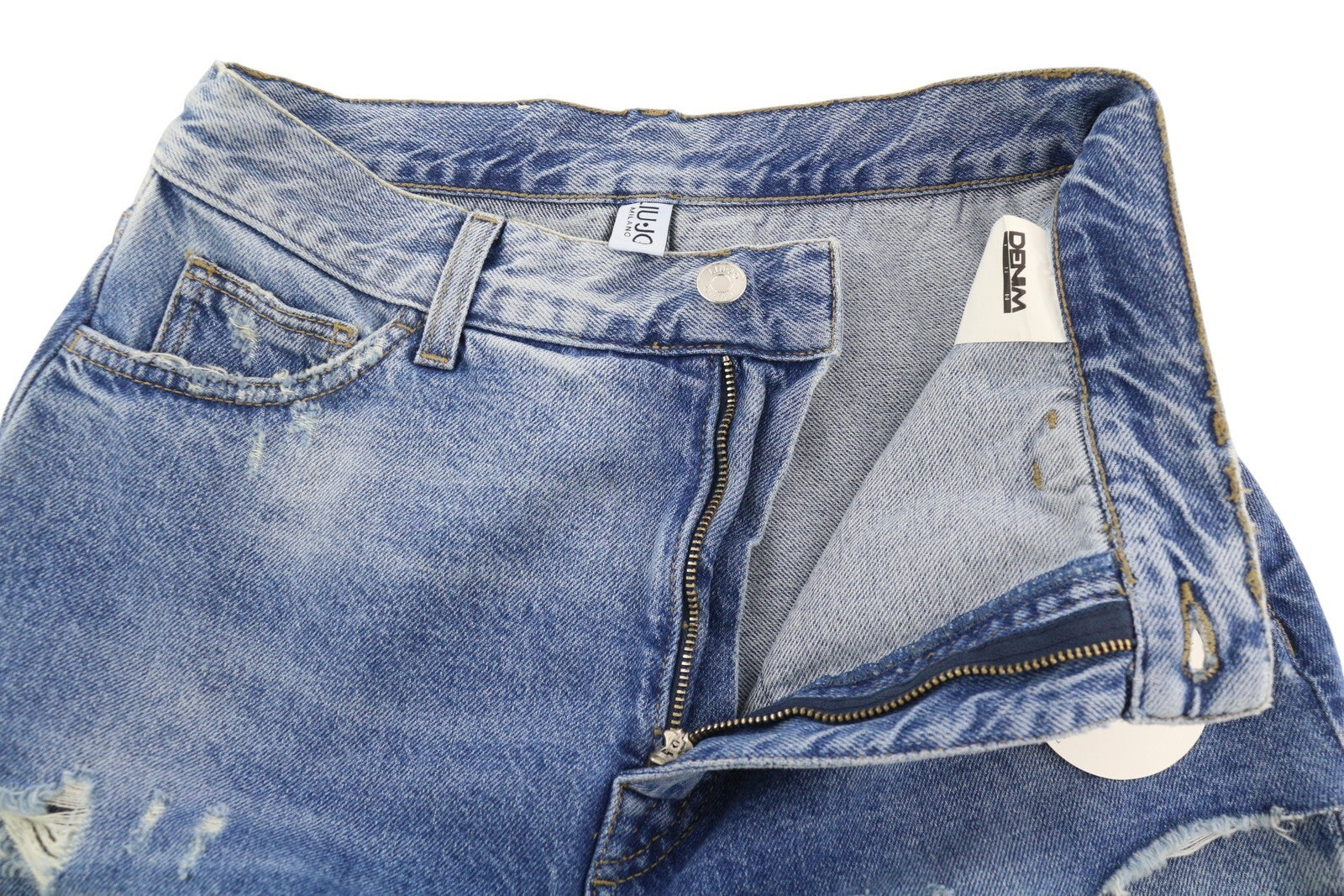 LIU JO Glam Straight Bic moteriški džinsai W28 laisvalaikio sijonas plėšytas dryžuotas mėlynas 