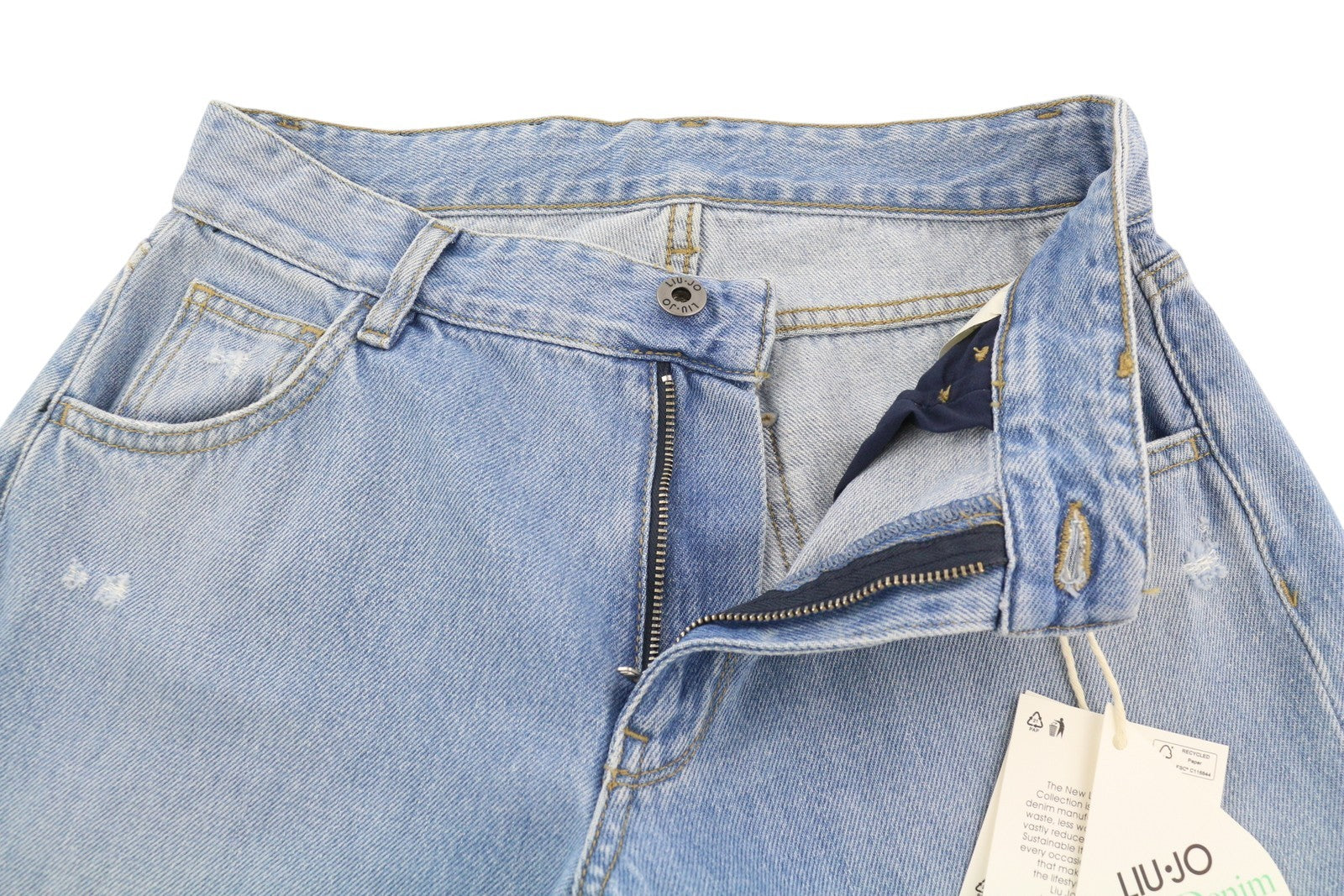 LIU JO trumpinti plačių klešnių moteriški džinsai W26 plėšyti, skalbti, mėlyni, su užtrauktuku 