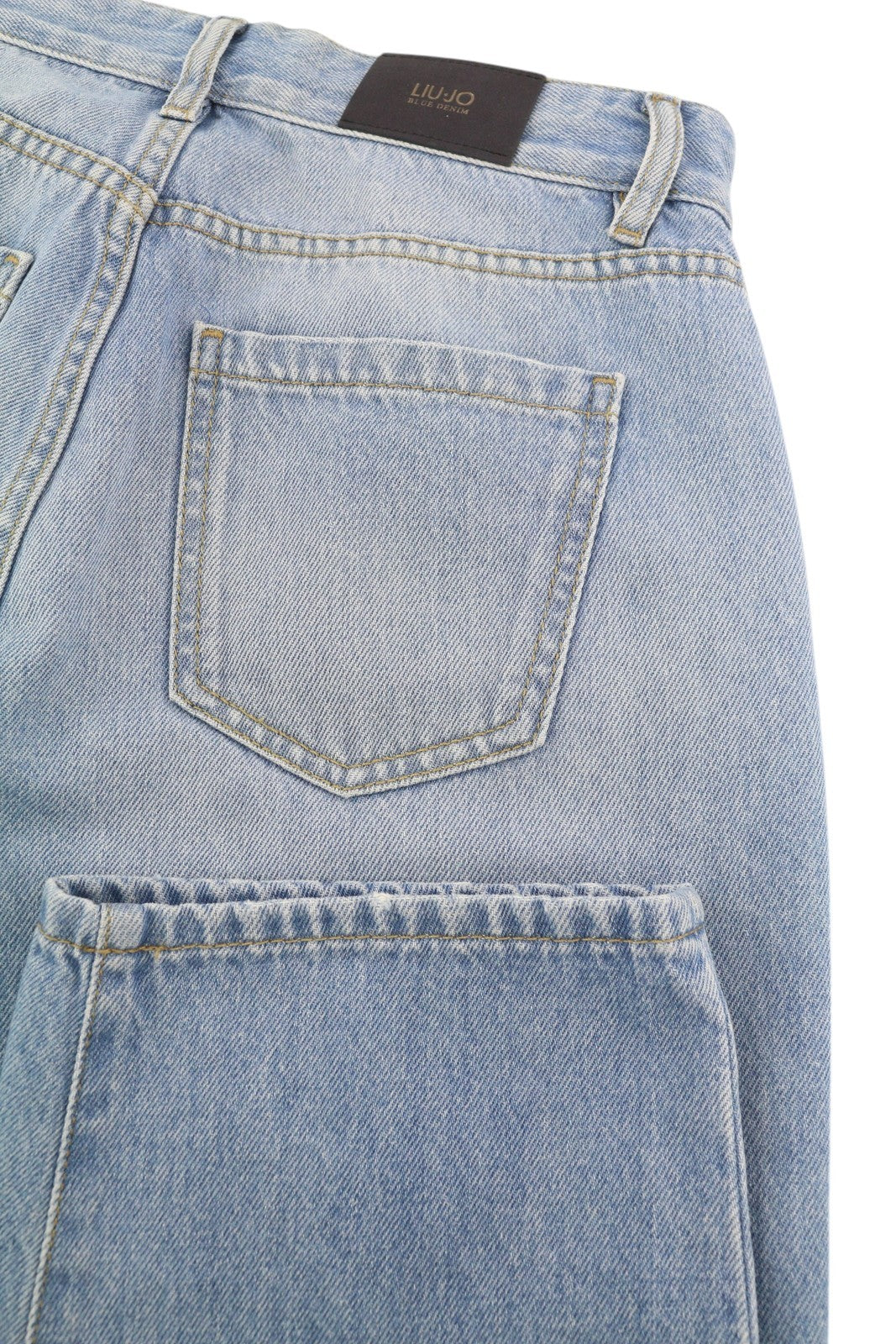 LIU JO trumpinti plačių klešnių moteriški džinsai W26 plėšyti, skalbti, mėlyni, su užtrauktuku 