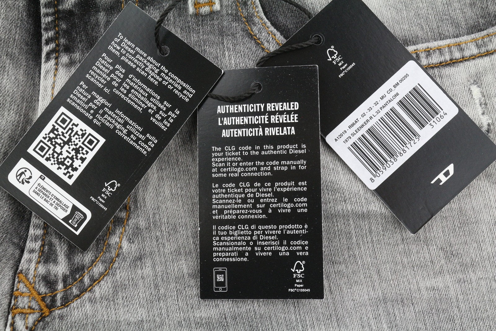 DIESEL 1979 Sleenker R86AT vyriški džinsai W33/L32 aptempti pilki, rekomenduojama kaina 225 € 