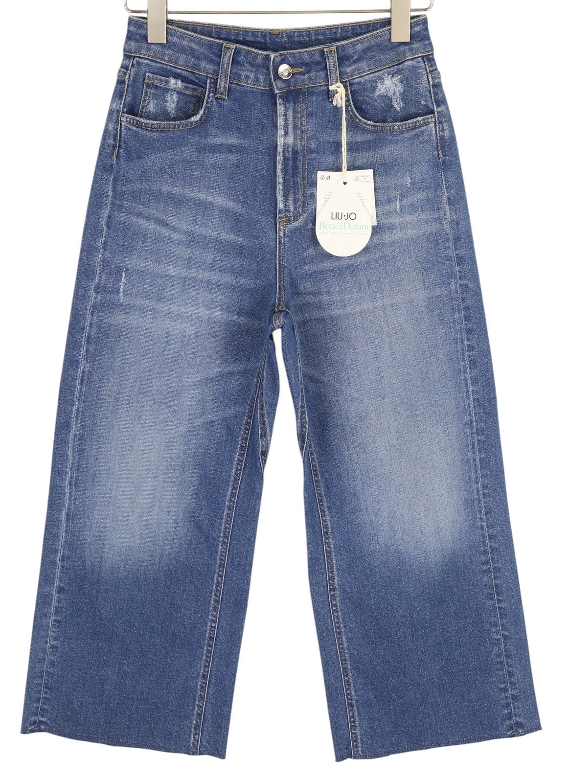 LIU JO Flare Inaly moteriški džinsai W28 aukštu juosmeniu, iki kulkšnies, plėšyti, mėlyni 
