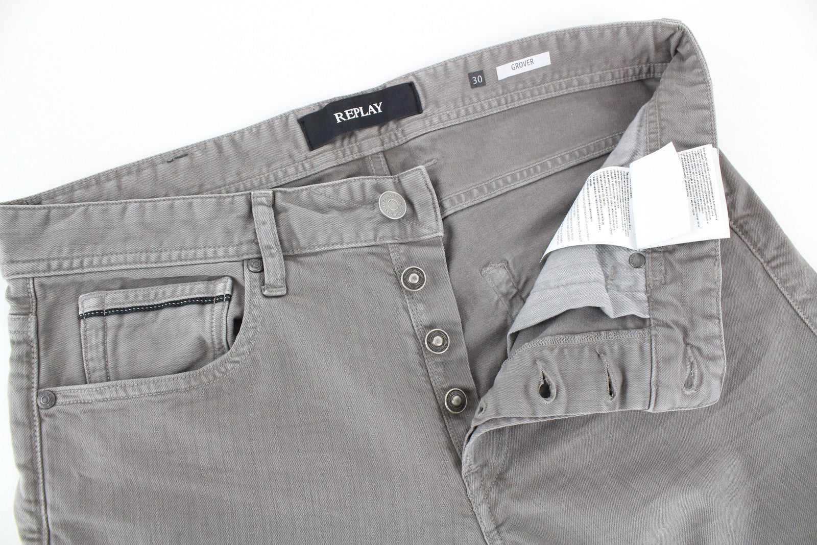 REPLAY Grover vyriški tiesaus kirpimo džinsai W30/L34 pilki raštuoti sagų užsegimo džinsai 