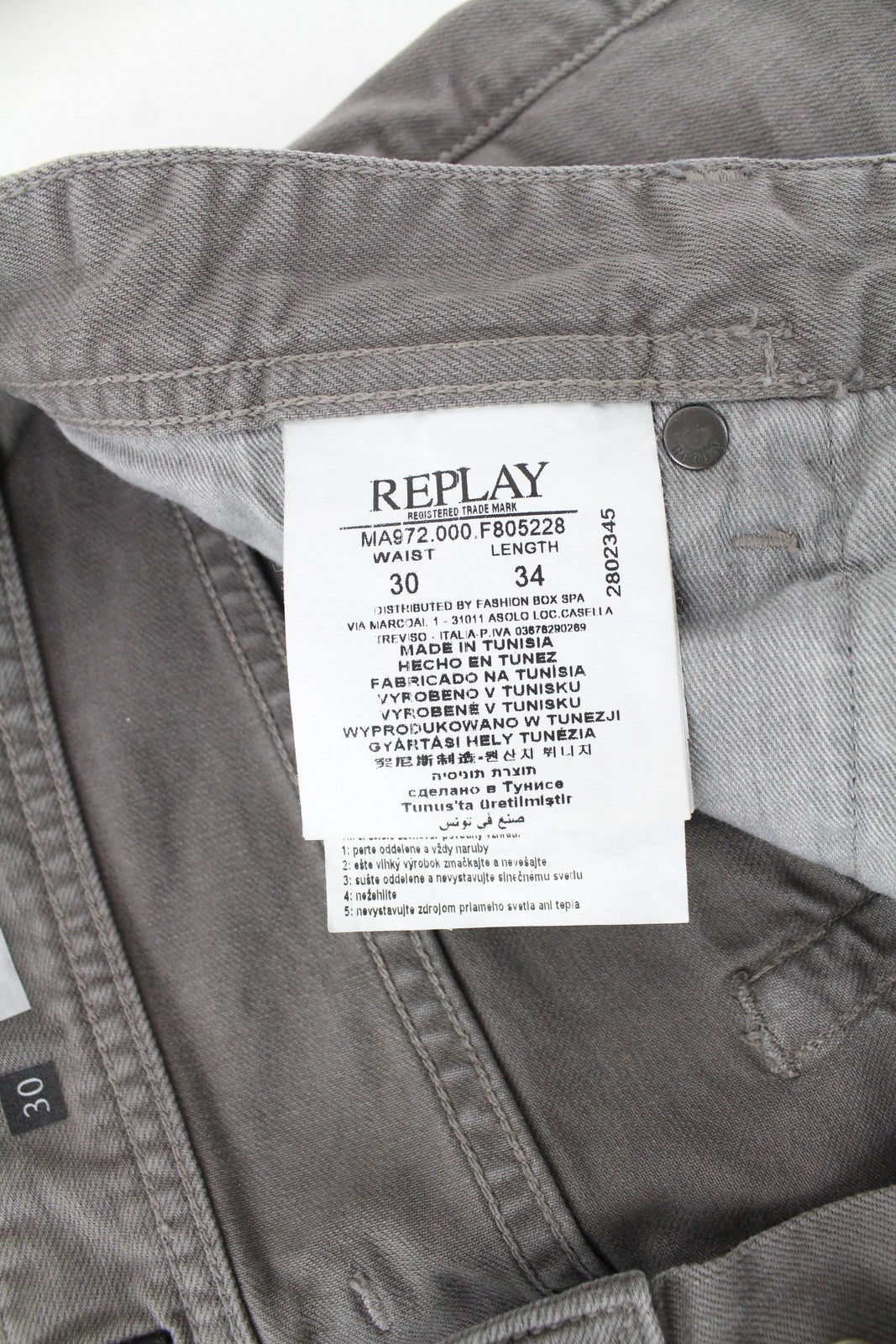 REPLAY Grover vyriški tiesaus kirpimo džinsai W30/L34 pilki raštuoti sagų užsegimo džinsai 