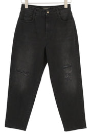 PINKO Maddie moteriški džinsai W27 Ripped Distress Washed Black Denim su užtrauktuku ir logotipu 