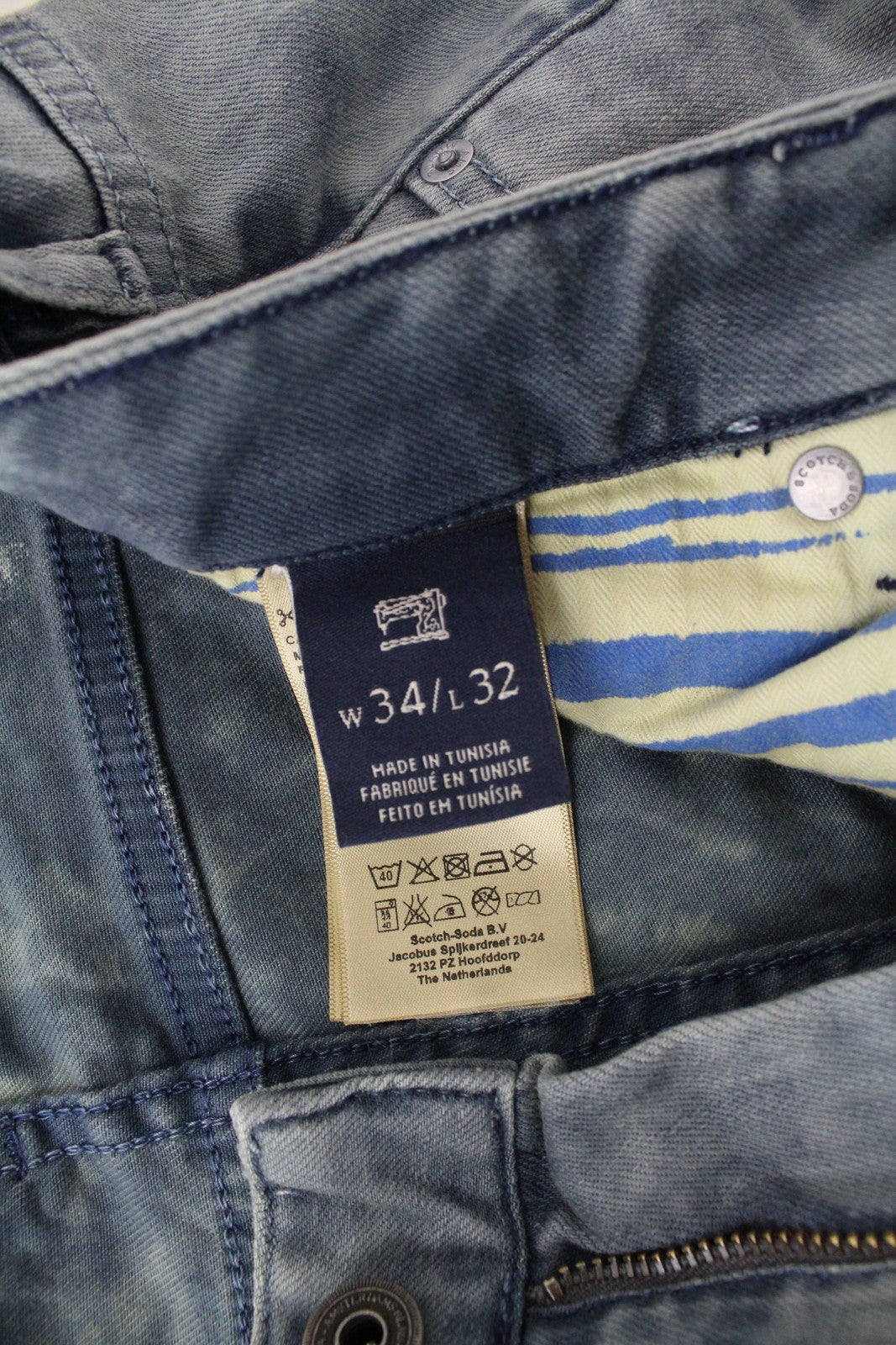 SCOTCH &amp; SODA Vyriški aptempti džinsai W34/L32 Šviesiai mėlyni, tamprūs, akmens spalvos, skalbti 