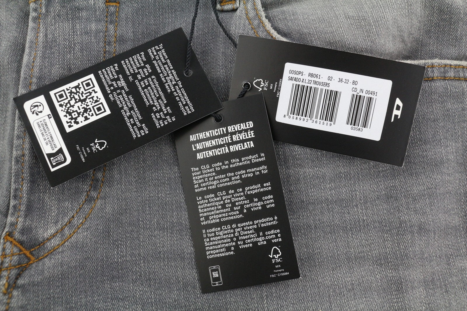 DIESEL Safado-X RB061 vyriški džinsai W36/L32 tiesūs su sagomis, skalbtos pilkos spalvos, rekomenduojama kaina – 175 € 