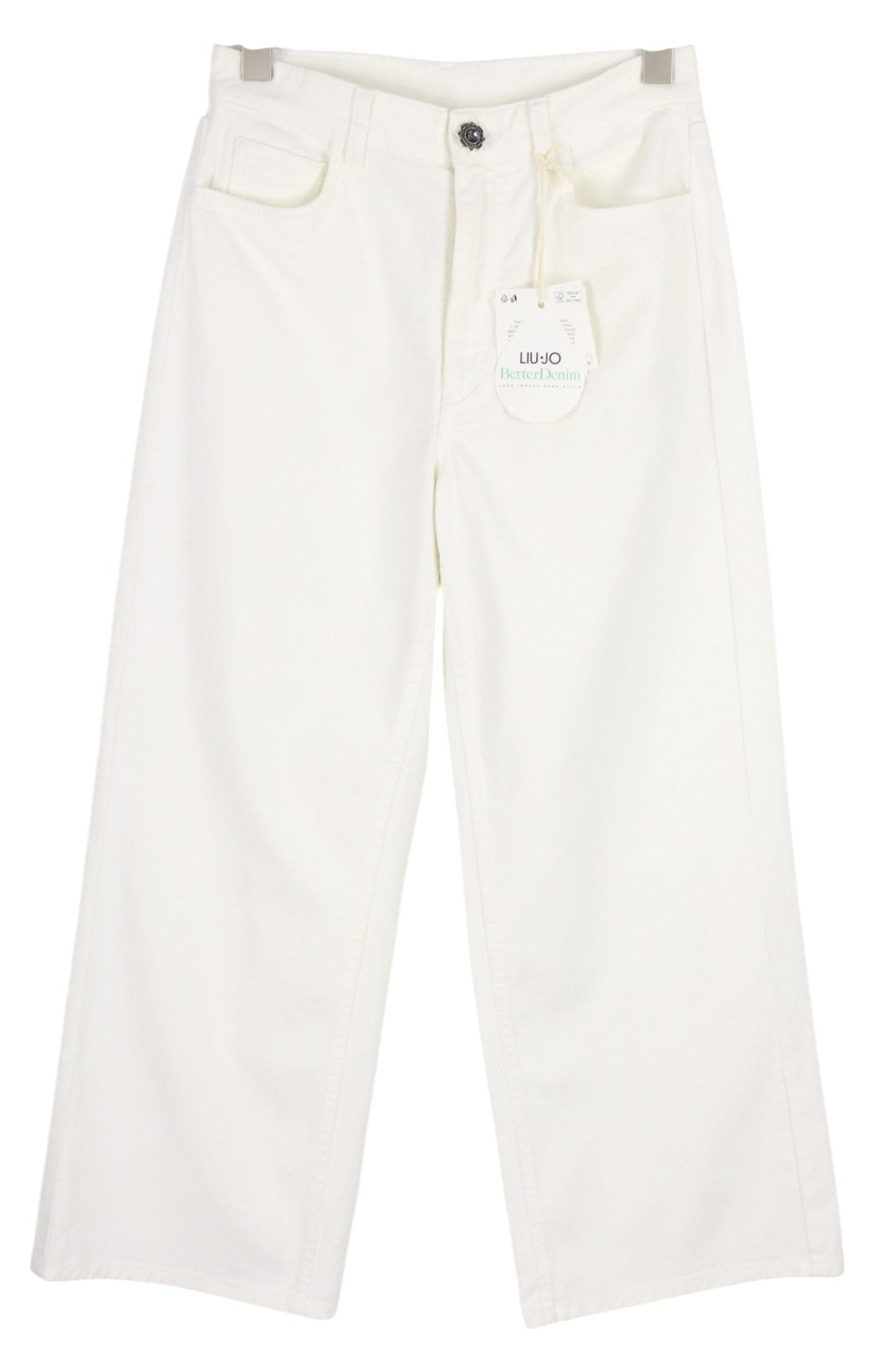 LIU JO Cargo moteriški džinsai W27 su platėjančiomis klešnėmis, užtrauktuku, aukštu juosmeniu. 