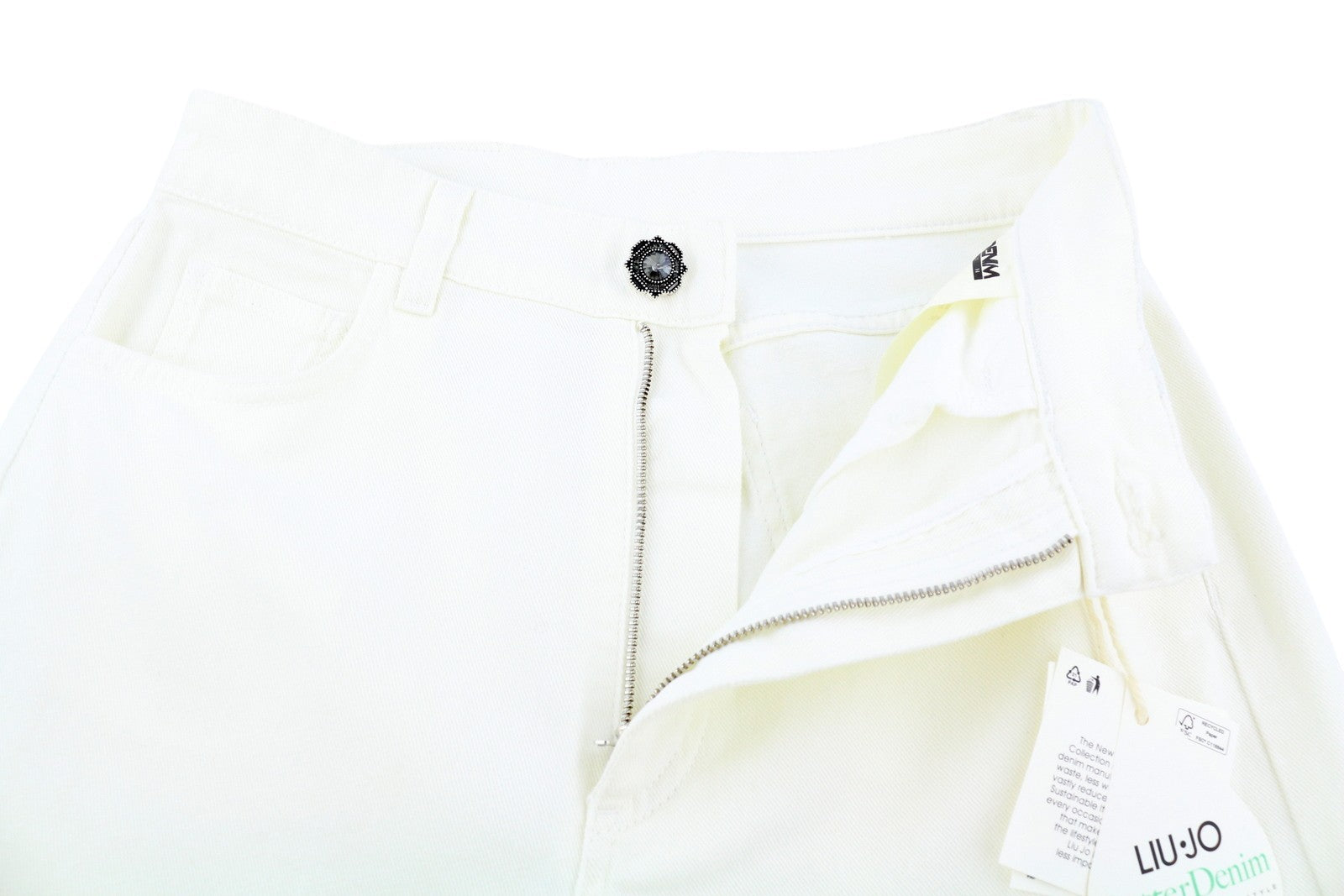 LIU JO Cargo moteriški džinsai W27 su platėjančiomis klešnėmis, užtrauktuku, aukštu juosmeniu. 