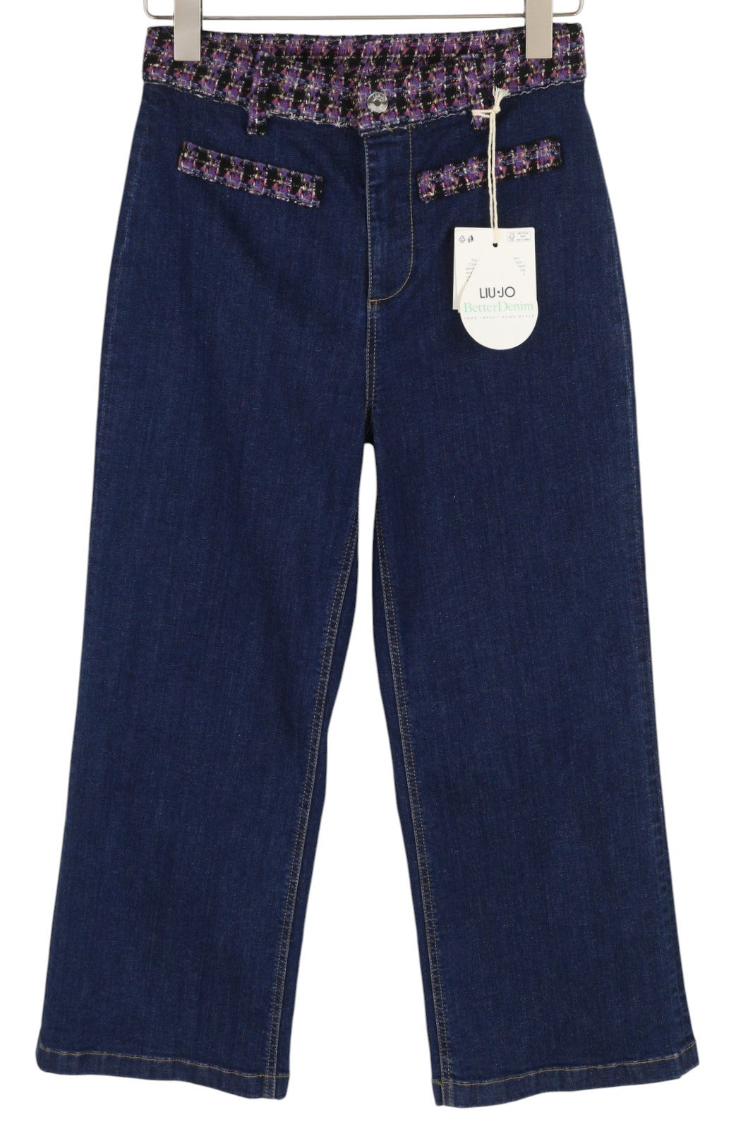LIU JO džinsai su kutais, 42 dydžio, aukštu juosmeniu, platėjančiomis klešnėmis, su užtrauktuku, mėlynos spalvos logotipu. 