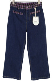 LIU JO džinsai su kutais, 42 dydžio, aukštu juosmeniu, platėjančiomis klešnėmis, su užtrauktuku, mėlynos spalvos logotipu. 