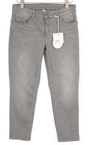 LIU JO moteriški džinsai W32 pilki skalbto džinso spalvos, iki kulkšnies, su užtrauktuku ir plonu kirpimu. 