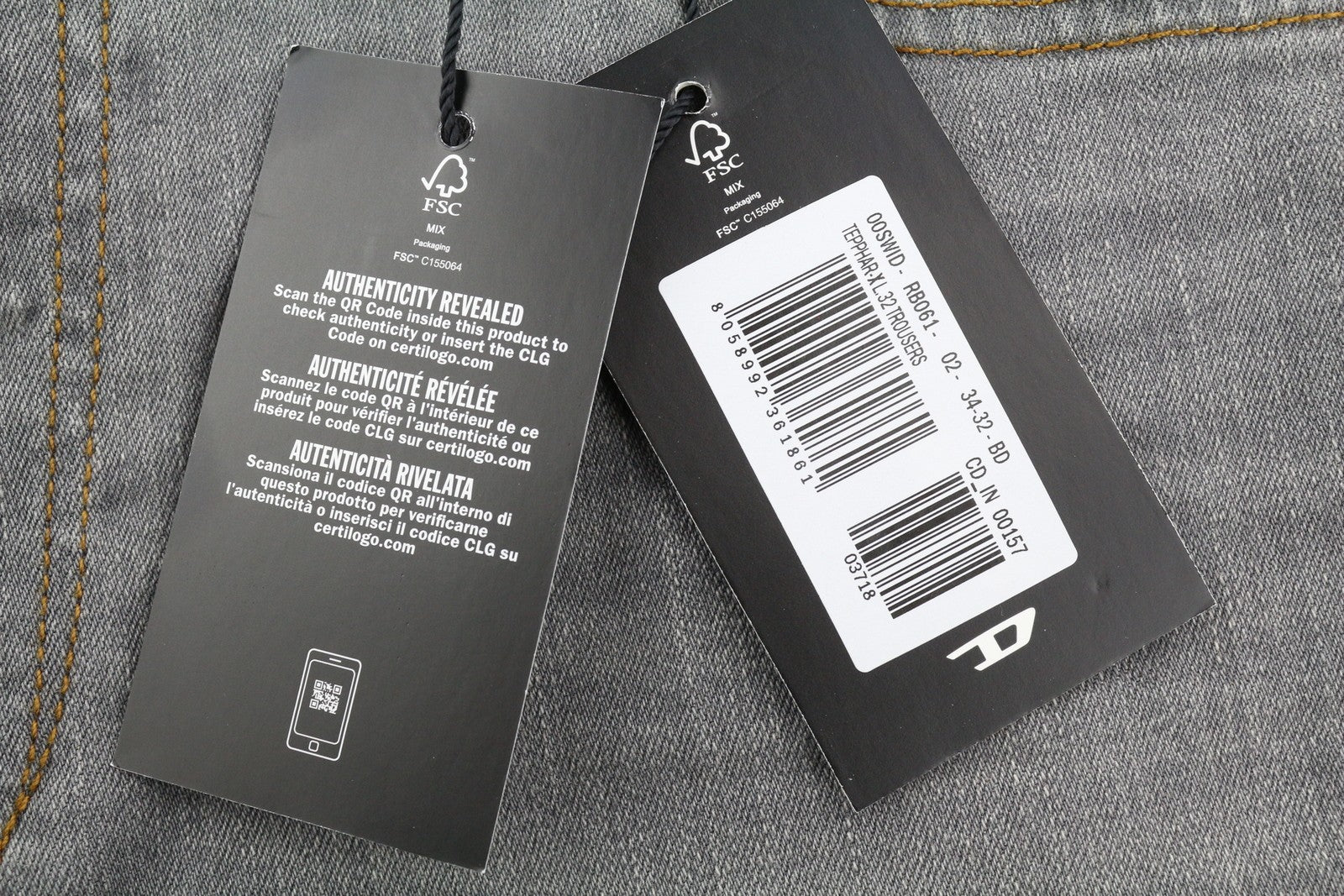 DIESEL Tepphar RB061 vyriški džinsai W34/L32 Slim su sagomis, skalbtos pilkos spalvos, rekomenduojama kaina – 175 € 