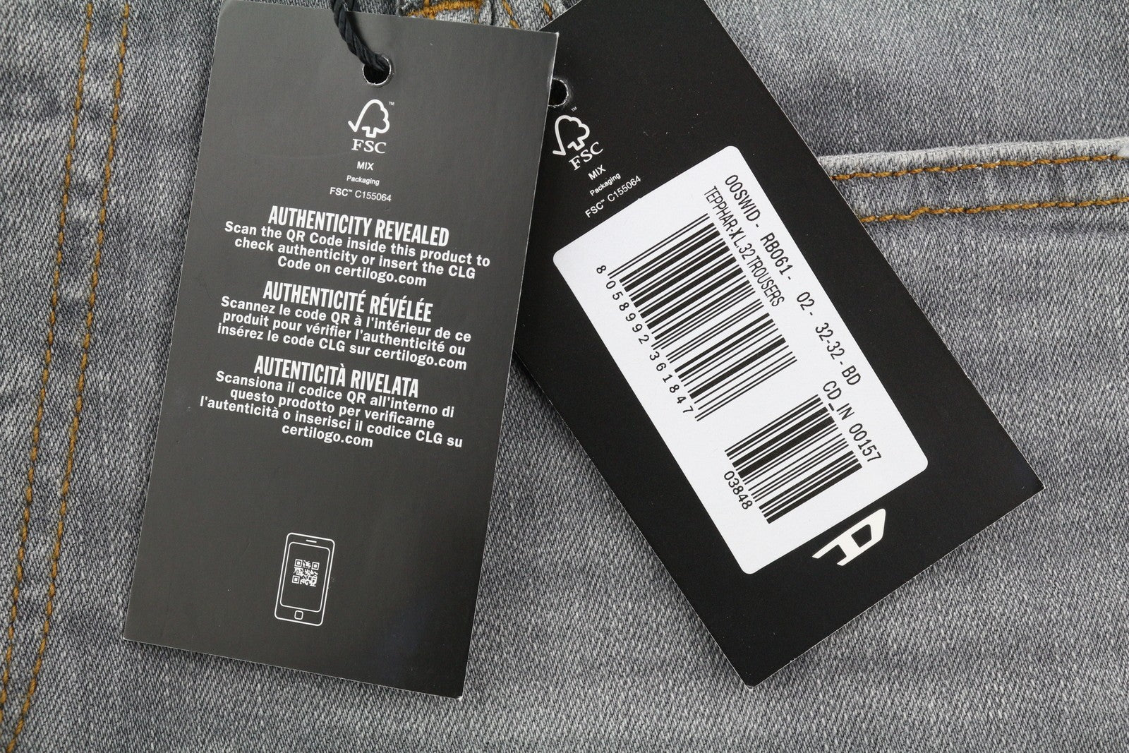 DIESEL Tepphar RB061 vyriški džinsai W32/L32 Slim su sagomis, skalbtos pilkos spalvos, rekomenduojama kaina – 175 € 