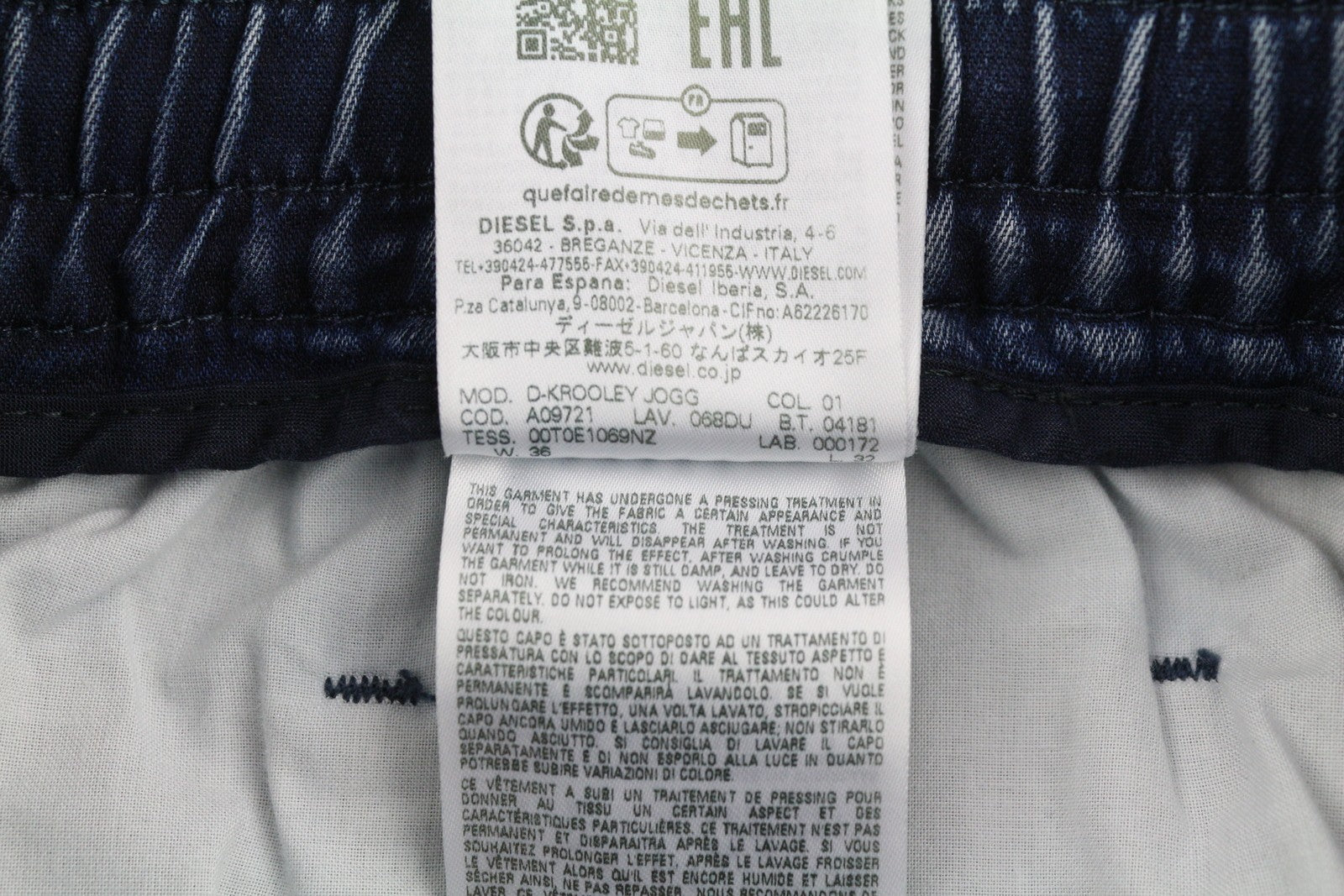 DIESEL D-Krooley Jogg 068DU vyriški džinsai W36/L32 su raišteliu juosmenyje, mėlyni, rekomenduojama kaina – 295 € 