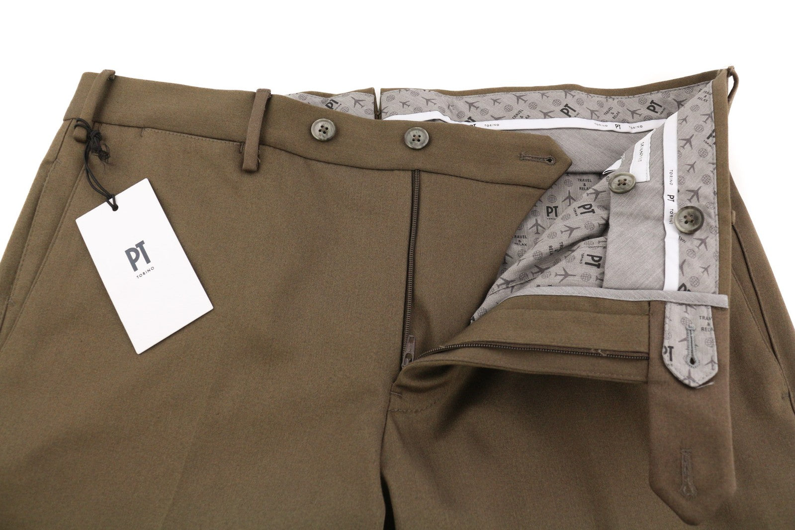 PT TORINO aptemptos vyriškos kelnės 50 W33 rudos, su užtrauktukais, kišenėmis, chino logotipu, laisvalaikio stiliaus 