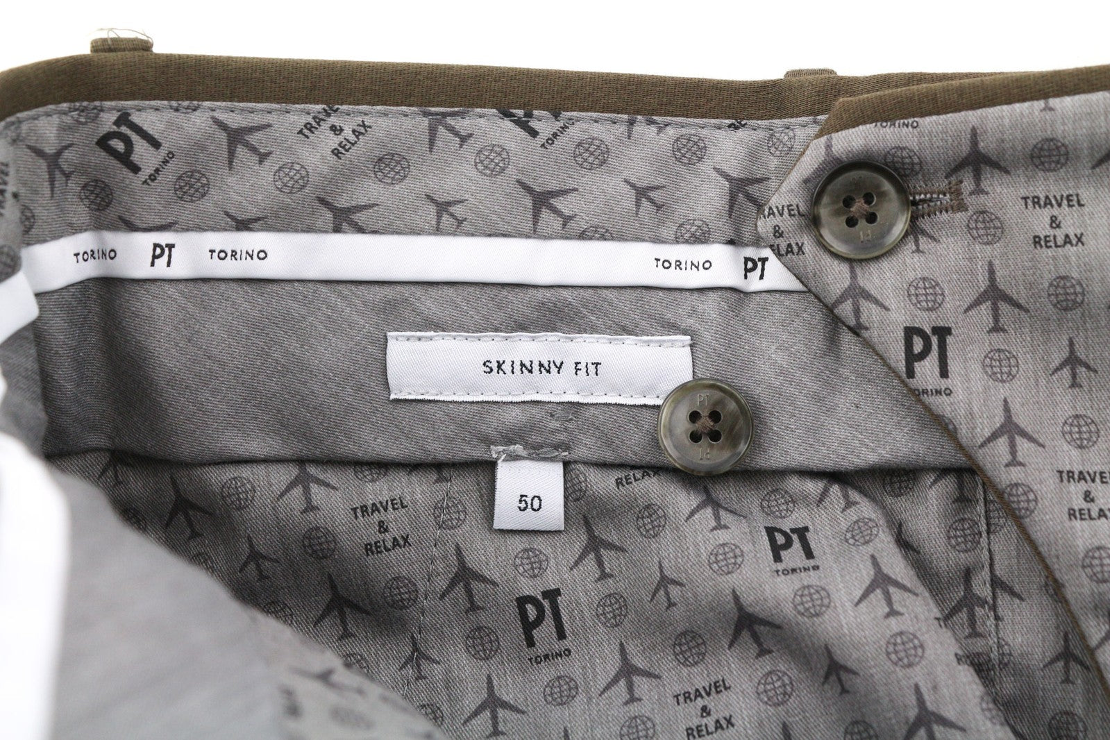 PT TORINO aptemptos vyriškos kelnės 50 W33 rudos, su užtrauktukais, kišenėmis, chino logotipu, laisvalaikio stiliaus 