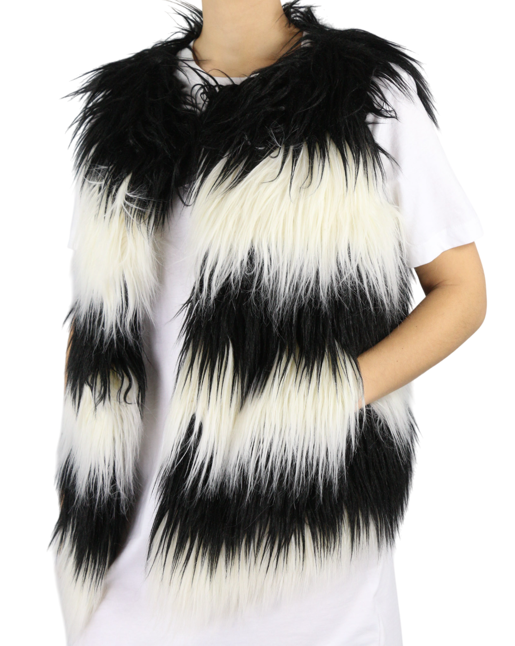 DIESEL L-Angus-A Women Waistcoat S Faux Fur Fluffy Striped Pockets Black & White
