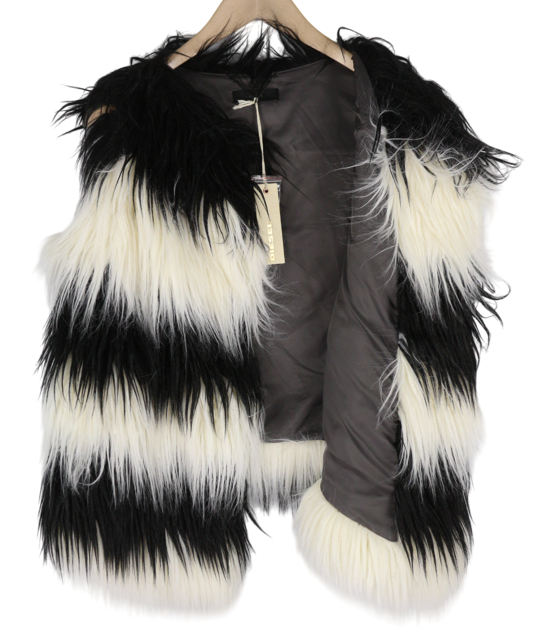 DIESEL L-Angus-A Women Waistcoat S Faux Fur Fluffy Striped Pockets Black & White