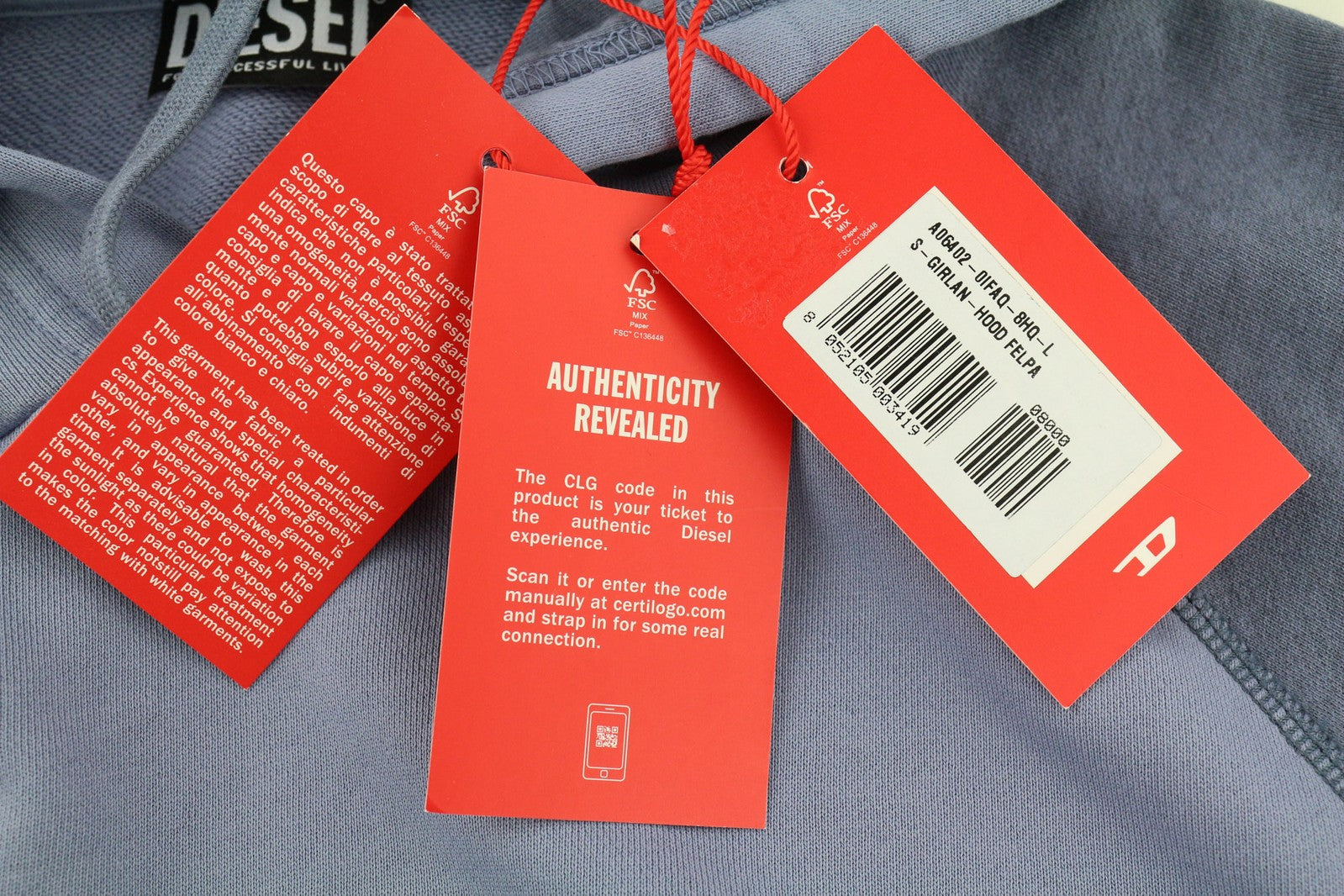 DIESEL S-Girlan-Hood vyriškas džemperis su gobtuvu L dydžio, mėlynas, megztinis su kengūros kišene ir gobtuvu. 