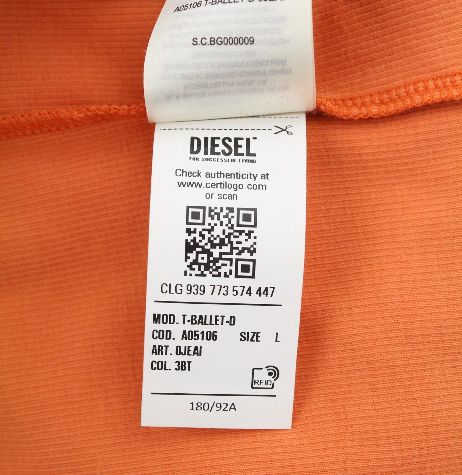 DIESEL T-Ballet-D moteriški marškinėliai L dydžio, oranžiniai, ilgomis rankovėmis, apvalios iškirptės, tamprūs, RRP 100 € 