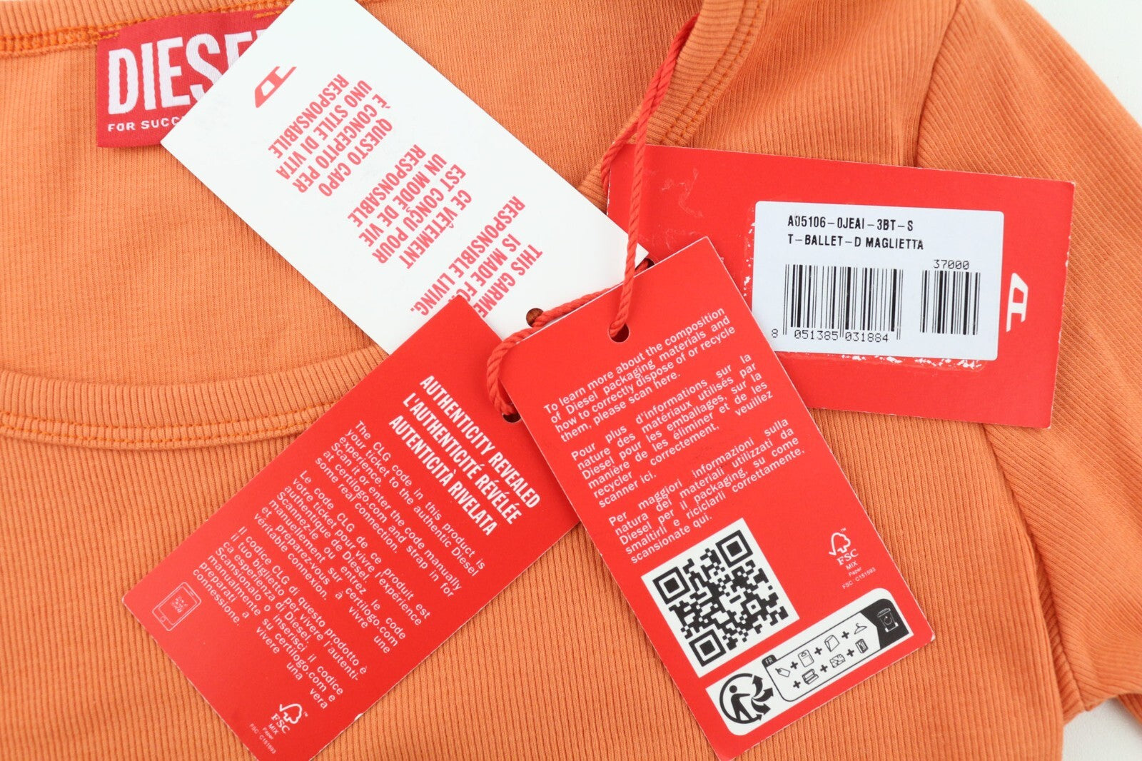 DIESEL T-Ballet-D moteriški marškinėliai S dydžio, oranžiniai, ilgomis rankovėmis, apvalios iškirptės, tamprūs, RRP 100 € 