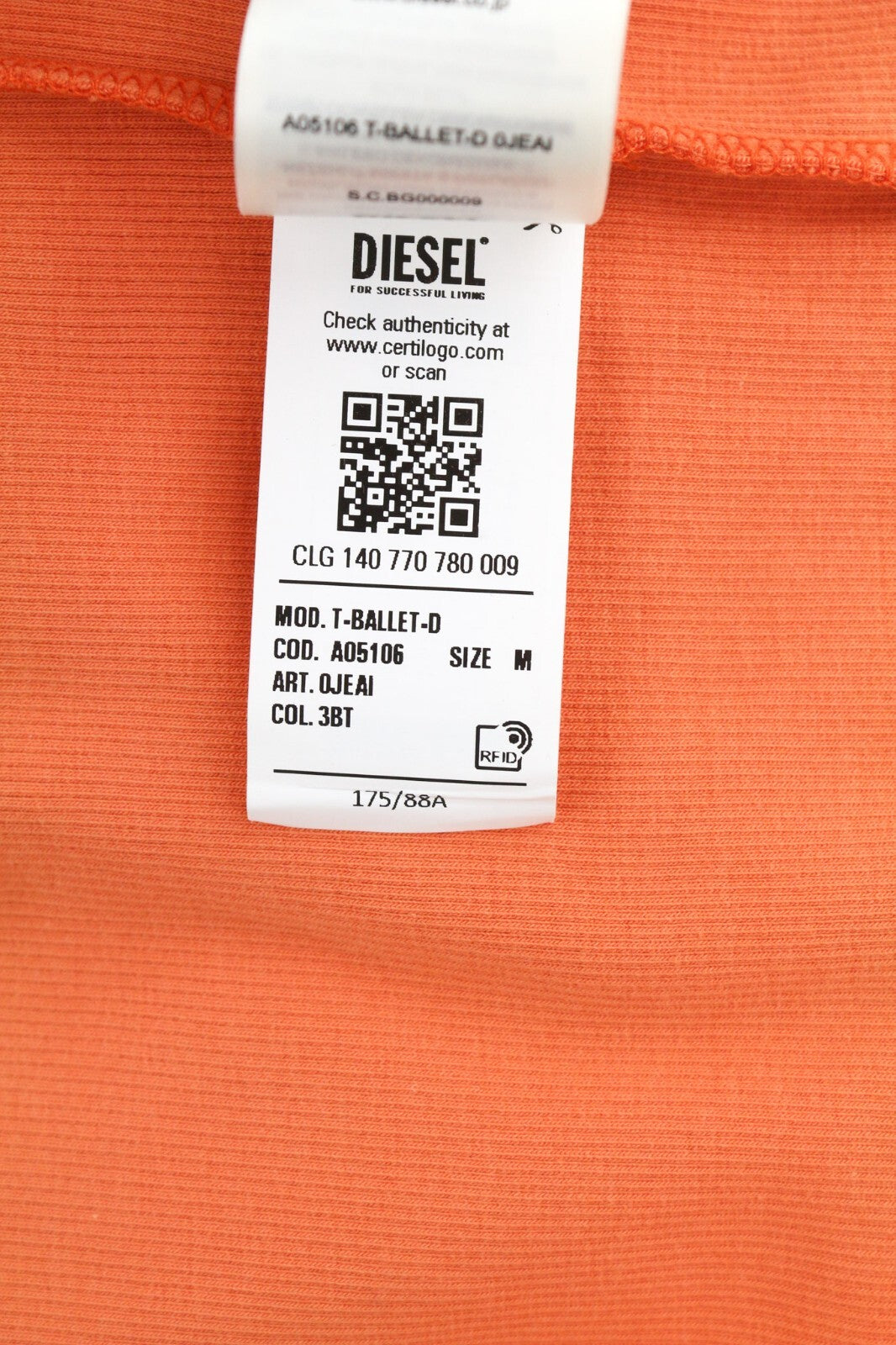 DIESEL T-Ballet-D moteriški marškinėliai M oranžiniai ilgomis rankovėmis apvaliu kaklu tamprūs drabužiai RRP 100 € 