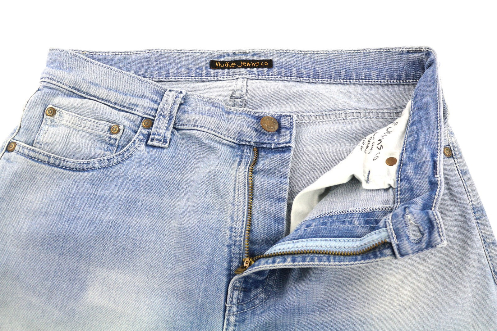 NUDIE High Kai Men Jeans W29/L32 Light Bleached Indigo Blue Washed Zip Fly Logo