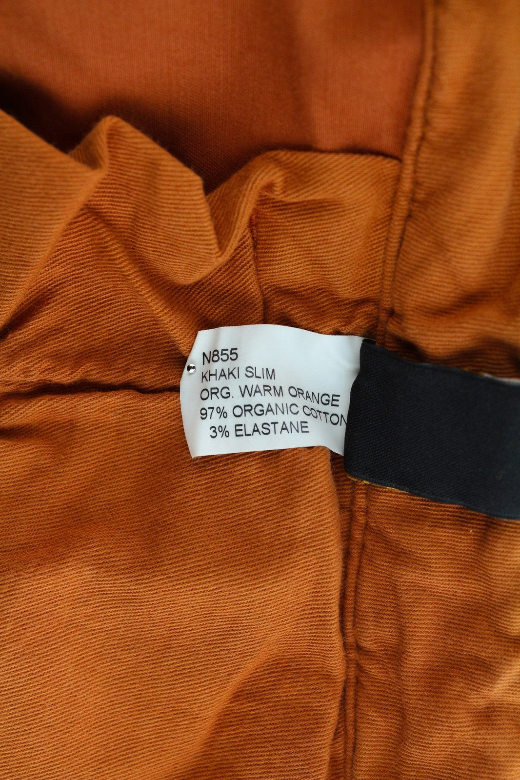 NUDIE Khaki Slim vyriškos kelnės W31/L32 ekologiškos šiltos oranžinės spalvos su užtrauktuku ir logotipu chino stiliaus 