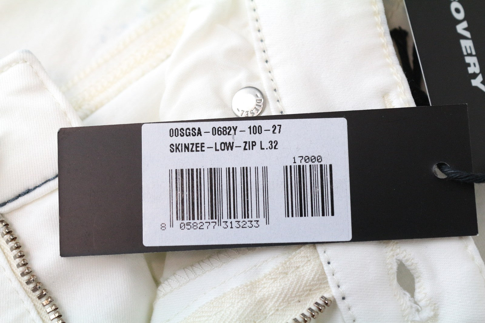 DIESEL Skinzee-Low-Zip 0682Y W27/L32 balkšvos spalvos aptempti, tamprūs moteriški džinsai 