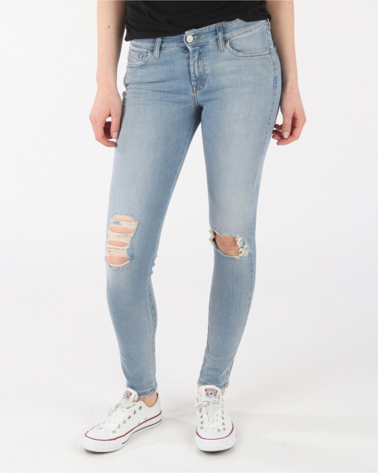 DIESEL Skinzee R4TM8 W26/L30 mėlyni plėšyti, ploni, aptempti moteriški džinsai 