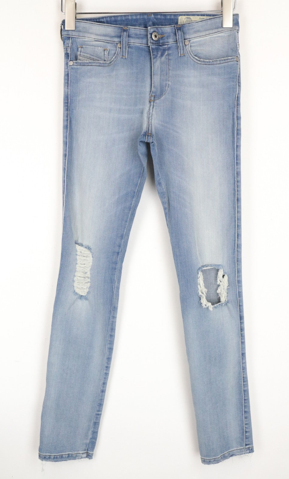 DIESEL Skinzee R4TM8 W26/L30 mėlyni plėšyti, ploni, aptempti moteriški džinsai 