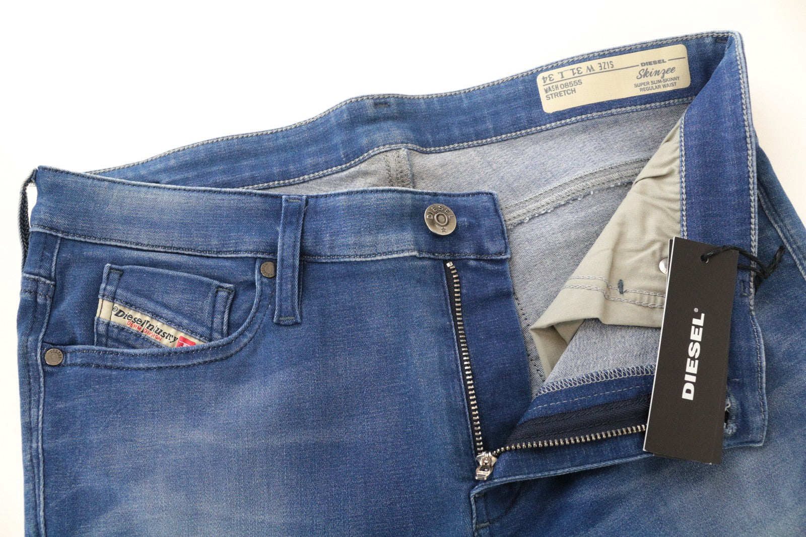 DIESEL Skinzee 0855S W31/L34 mėlyni aptempti medvilniniai ploni kirpimo džinsai skalbimui 