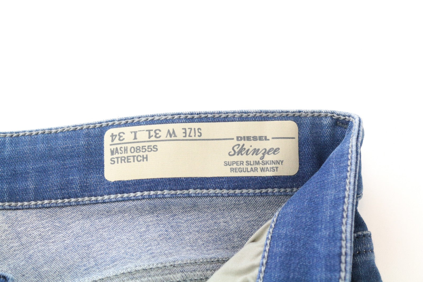 DIESEL Skinzee 0855S W31/L34 mėlyni aptempti medvilniniai ploni kirpimo džinsai skalbimui 