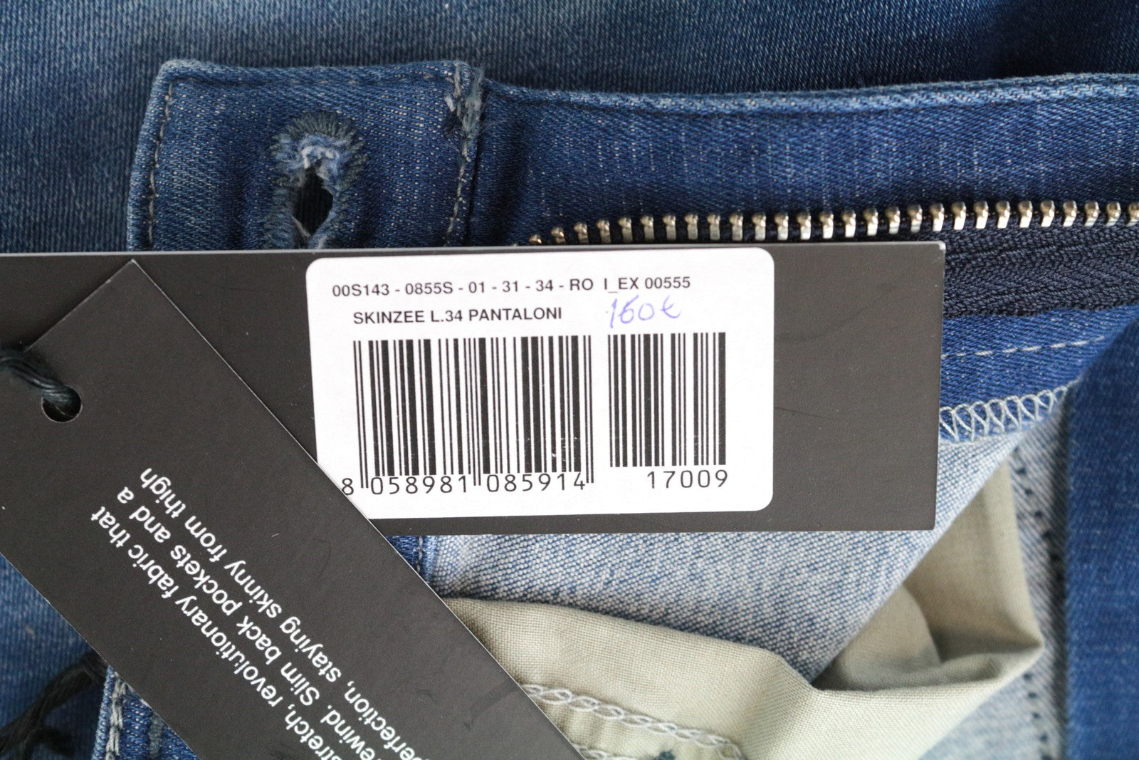 DIESEL Skinzee 0855S W31/L34 mėlyni aptempti medvilniniai ploni kirpimo džinsai skalbimui 