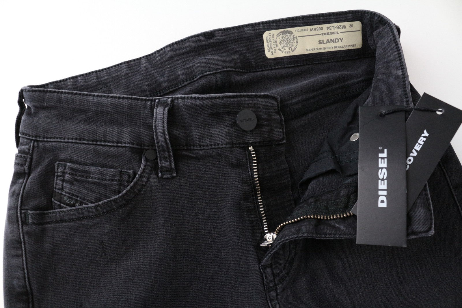 DIESEL Slandy-Low 085AW W26/L34 plėšyti, aptempti pilki moteriški džinsai 