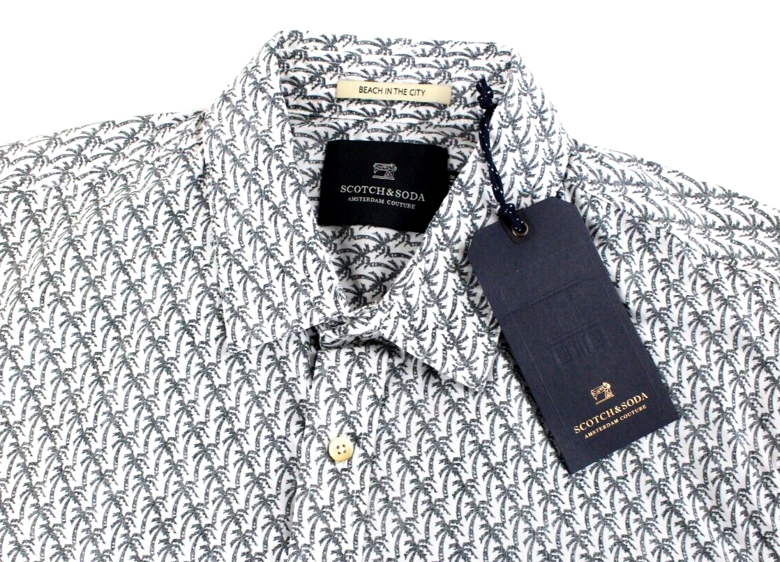 Scotch & Soda Mens Shirt M Grey Palm Print Long Sleeve  Cotton