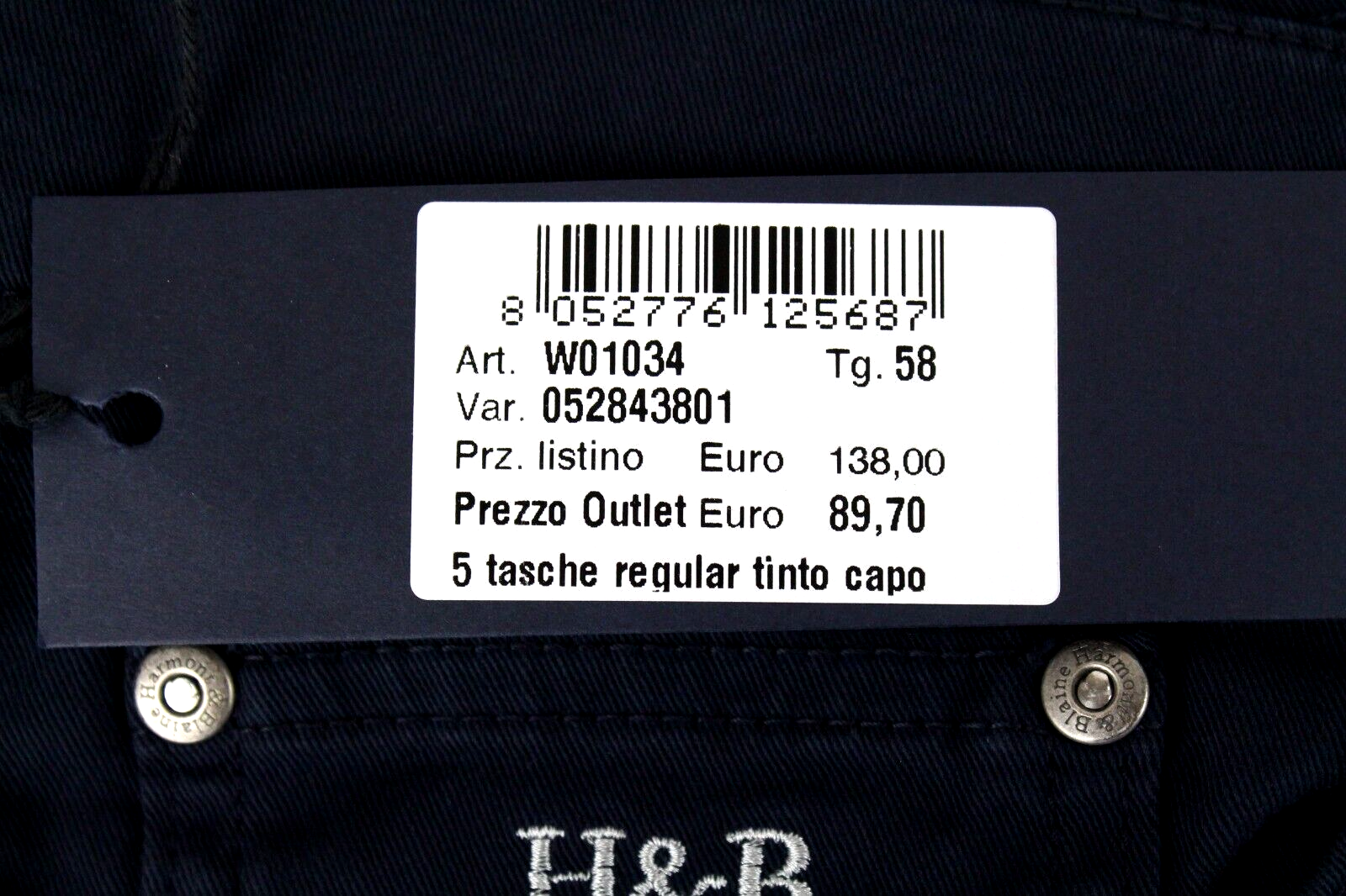 Harmont & Blaine Mens Jeans 58 Navy Stretch Twill Five-Pocket Design
