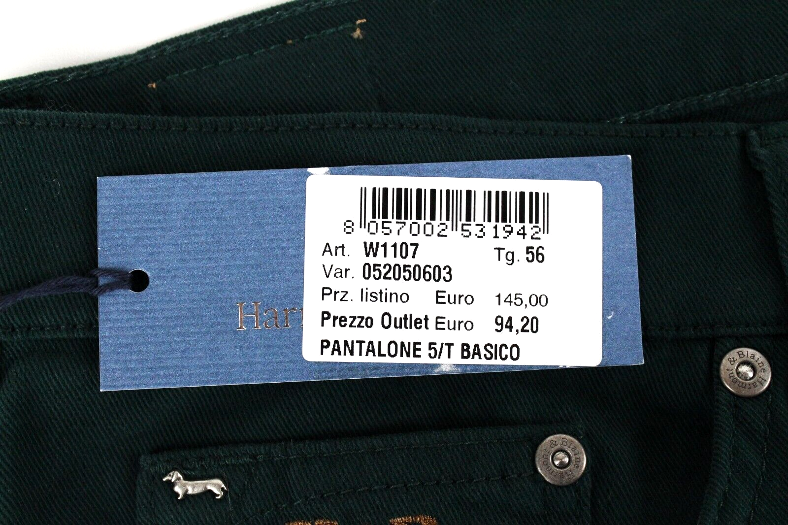 Harmont & Blaine Mens Trousers 56 Moss Green Stretch Jean Style Five Pockets