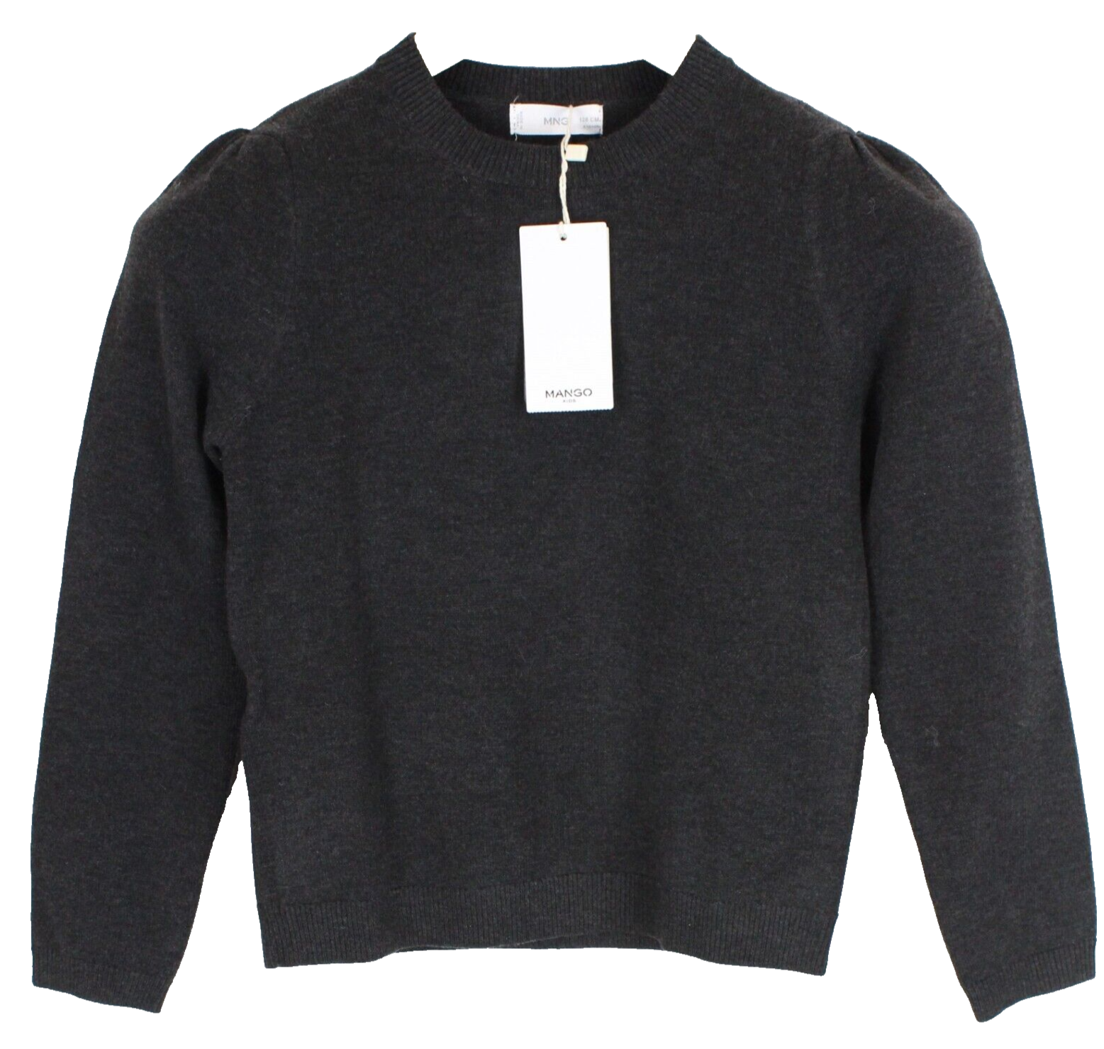 Mango vaikų mergaičių megztinis, 8 metų, tamsiai pilkas, megztinis su raukiniais ant pečių. 