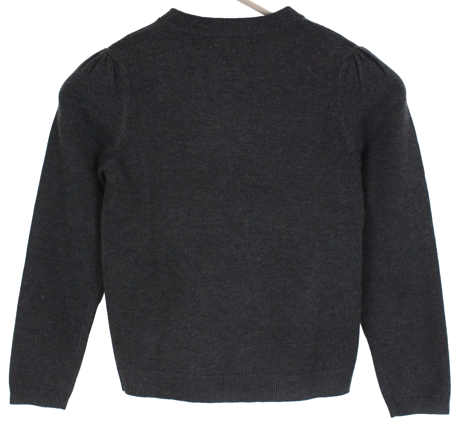 Mango vaikų mergaičių megztinis, 8 metų, tamsiai pilkas, megztinis su raukiniais ant pečių. 