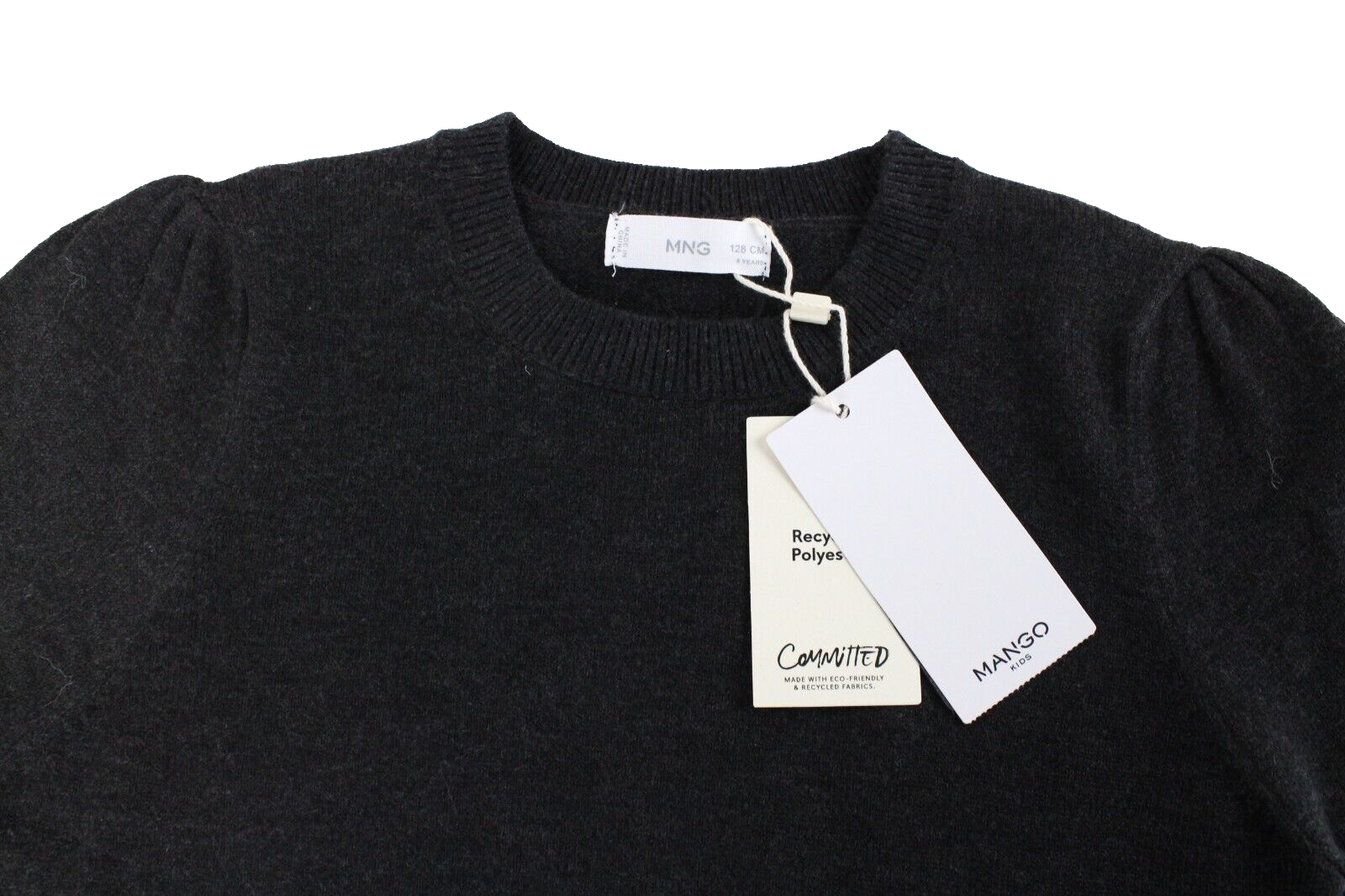 Mango vaikų mergaičių megztinis, 8 metų, tamsiai pilkas, megztinis su raukiniais ant pečių. 