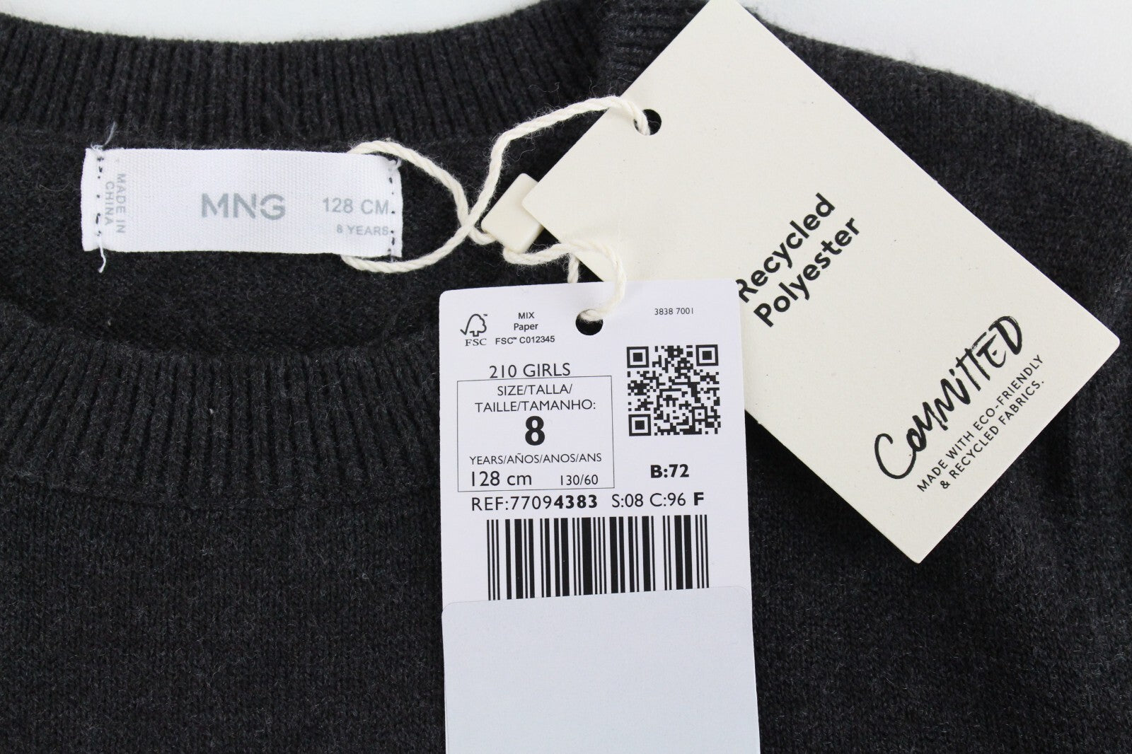 Mango vaikų mergaičių megztinis, 8 metų, tamsiai pilkas, megztinis su raukiniais ant pečių. 