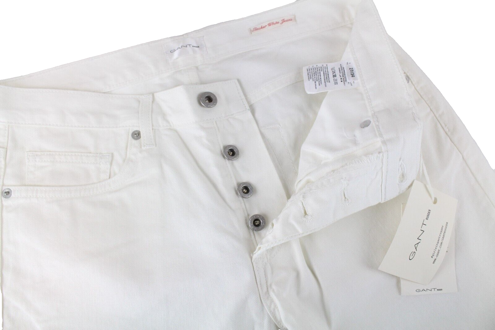 Gant Rugger Mens Pants W27/L34 Distressed Off-White Button-Fly Straight Cut