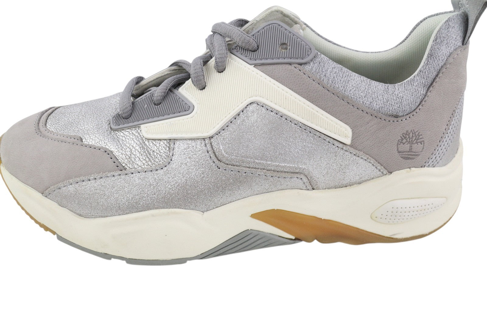 TIMBERLAND A1Y7J moteriški sportbačiai, 38 dydžio, pilkos odos, blizgantys, migdolų spalvos noseliai. 