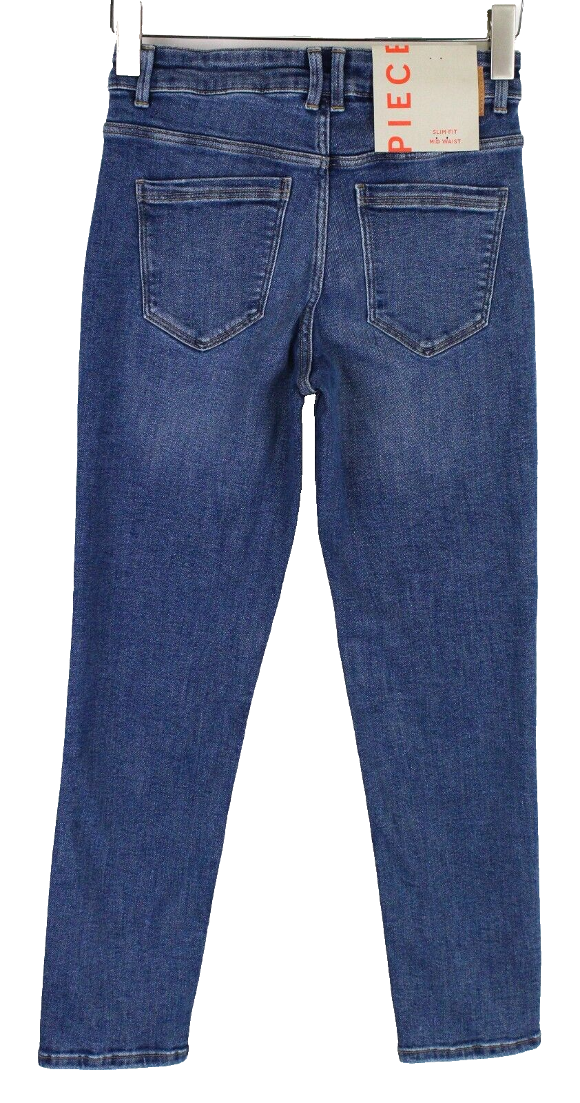 Moteriški džinsai „Pieces“ ploni, mėlyni, vidutinio juosmens, skalbtos medvilnės tamprės 