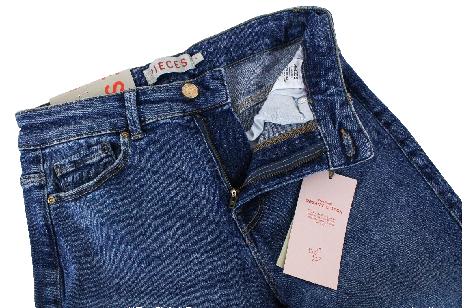Moteriški džinsai „Pieces“ ploni, mėlyni, vidutinio juosmens, skalbtos medvilnės tamprės 
