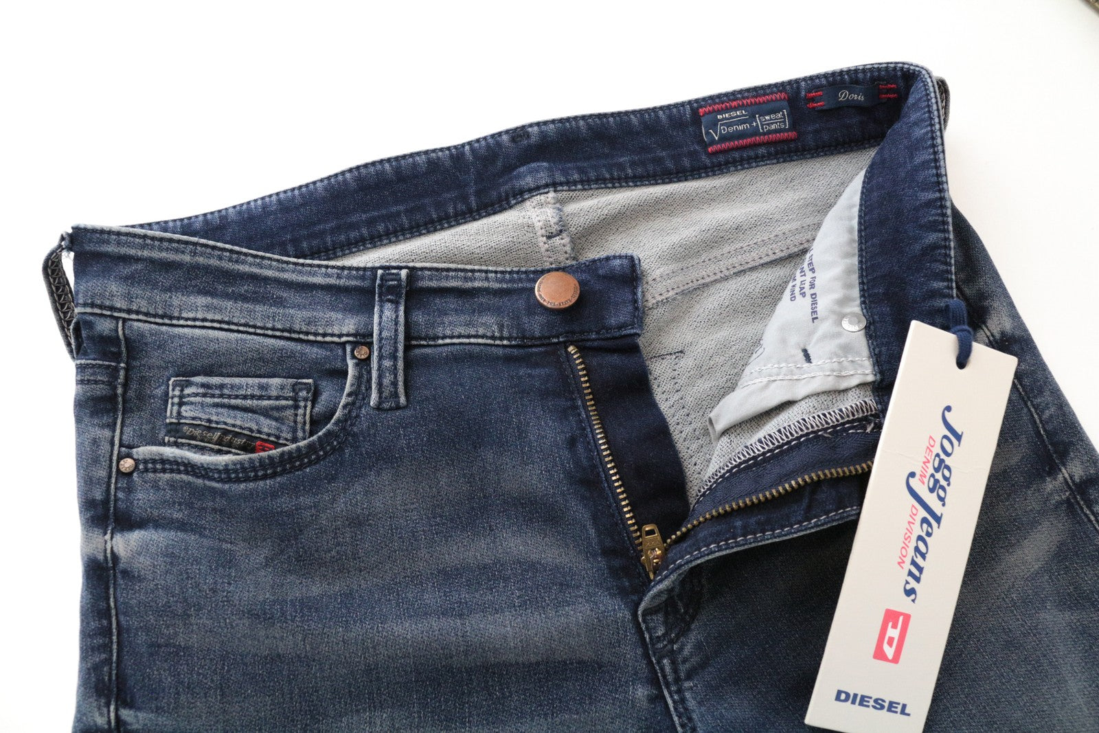 DIESEL Doris-Ne 0676V W27 Jogg mėlyni dirbtinio intelekto moteriški ploni, tamprūs džinsai 